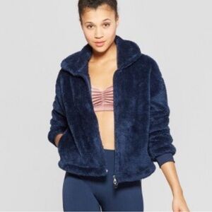 JoyLab Navy Sherpa Teddy Fleece Oversized Cropped Jacket Size XS